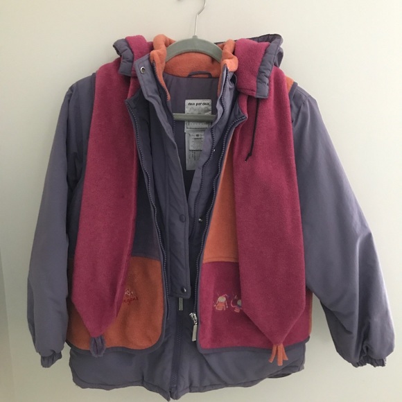 Deux par Deux 3 piece snowsuit with jacket,vest w/attached scarf,overall/pants - Picture 4 of 8